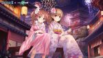  2girls alansabrina118 architecture bangs bench bob_cut brown_eyes brown_hair building chinese_commentary clouds dango east_asian_architecture festival fireworks floral_print flower food fur_collar hair_flower hair_ornament highres holding holding_food japanese_clothes kimono lantern light_blush looking_at_viewer misaka_mikoto multiple_girls night night_sky obi on_bench pagoda paper_lantern pink_flower pink_kimono pink_rose pink_sash plant purple_sash red_flower rose sash shirai_kuroko short_hair sitting sky smile tile_roof toaru_kagaku_no_railgun toaru_majutsu_no_index tree twintails wagashi white_flower white_lily 