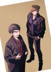  2boys alternate_costume bangs black_footwear black_hair black_jacket black_neckwear black_pants blue_eyes blue_shirt brown_background brown_hair collarbone collared_shirt commentary_request dangan_ronpa:_trigger_happy_havoc dangan_ronpa_(series) hands_in_pockets highres ishimaru_kiyotaka jacket japanese_clothes kimono long_sleeves looking_at_another male_focus mizukura_ion multiple_boys necktie oowada_mondo pants pompadour red_eyes shirt short_hair smile spiky_hair standing violet_eyes white_background 