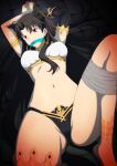  1girl ahoge angry anklet arms_up asymmetrical_legwear asymmetrical_sleeves bangs black_hair black_panties blush bound bound_wrists breasts commentary_request crown detached_sleeves earrings elbow_gloves fate/grand_order fate_(series) gag gagged gloves highres hoop_earrings ishtar_(fate) ishtar_(fate)_(all) jewelry long_hair looking_at_viewer lying medium_breasts navel neck_ring on_back panties parted_bangs red_eyes restrained single_detached_sleeve single_elbow_glove single_sleeve single_thighhigh solo tape thigh-highs tiara tumamiya01 two_side_up underwear 