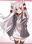  1girl amatsukaze_(kancolle) black_jacket black_legwear blush brown_eyes collarbone eyebrows_visible_through_hair fang feet_out_of_frame hair_tubes highres jacket kantai_collection long_hair long_sleeves official_alternate_costume open_mouth shirt silver_hair skin_fang solo takanashi_kei_(hitsujikan) thigh-highs two_side_up white_shirt windsock 