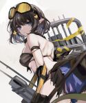  1girl arknights black_hair blue_eyes breasts eunectes_(arknights) from_behind goggles goggles_on_head grey_background hair_ornament highres looking_at_viewer looking_back medium_breasts pointy_ears qls shield short_hair simple_background solo tail vambraces 
