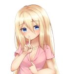  1girl absurdres blonde_hair blue_eyes blush closed_mouth commission dot_nose eyebrows_visible_through_hair finger_to_mouth hair_between_eyes hand_up highres klaius long_hair looking_at_viewer original pink_shirt shirt short_sleeves shushing simple_background solo twitter_username upper_body watermark white_background 