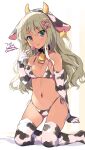  1girl alternate_costume animal_costume animal_ears animal_print aqua_eyes ass_visible_through_thighs bangs bell bikini blonde_hair blush candy closed_mouth collar cow_ears cow_print cowbell dark_skin elbow_gloves eyebrows_visible_through_hair fake_animal_ears fake_horns flat_chest food gloves grecale_(kancolle) hairband holding horns kantai_collection kneeling lollipop long_hair looking_at_viewer navel neck_bell odawara_hakone print_legwear side-tie_bikini simple_background smile solo string_bikini swimsuit thigh-highs tongue tongue_out wavy_hair 