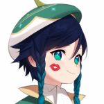  1boy abbystea bangs black_hair blue_hair genshin_impact gradient_hair green_eyes green_headwear hair_between_eyes hat lipstick_mark male_focus multicolored_hair side_braids simple_background smile solo upper_body venti_(genshin_impact) white_background 