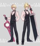  2boys absurdres blonde_hair blue_eyes buster_sword cloud_strife final_fantasy final_fantasy_vii fist_pump formal full_body gloves hand_on_weapon highres looking_at_viewer male_focus monado multiple_boys rei_(teponea121) shulk_(xenoblade) smile spiky_hair square_enix suit super_smash_bros. sword weapon xenoblade_chronicles xenoblade_chronicles_(series) 
