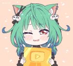  1girl animal_ears bangs bare_shoulders blush cat_ears chibi detached_sleeves dress eyebrows_visible_through_hair green_hair hair_ornament hololive kukie-nyan looking_at_viewer one_eye_closed open_mouth red_eyes short_hair skull_hair_ornament smile solo tears uruha_rushia virtual_youtuber 