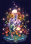  1girl absurdres aki_a0623 blue_dress dress flower highres lily_pad long_hair long_sleeves morning_glory orange_flower original pale_skin solo_focus star_(sky) sunflower surreal water wavy_hair white_flower white_hair yellow_flower 