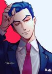  1boy adam_(sk8) arm_up artist_name bazhuatako blue_hair blue_suit cigarette highres long_sleeves looking_at_viewer male_focus necktie pink_neckwear pocket_square red_background red_eyes short_hair simple_background sk8_the_infinity two-tone_background upper_body 
