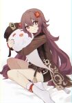  1girl absurdres brown_hair closed_eyes coria fang flower genshin_impact ghost hair_flower hair_ornament happy hat highres hu_tao hug long_sleeves looking_at_viewer open_mouth red_eyes shorts smile socks symbol-shaped_pupils 