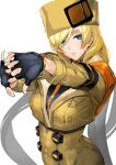  1girl ashiomi_masato blonde_hair blue_eyes guilty_gear guilty_gear_strive hat hay looking_at_viewer millia_rage portrait smile solo_focus stretch yellow_headwear 