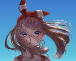  1girl bangs blue_background blue_eyes bow brown_hair collarbone eyebrows_visible_through_hair floating_hair hair_between_eyes hair_bow hairband long_hair looking_at_viewer may_(pokemon) pokemon pokemon_(game) pokemon_oras portrait red_bow red_hairband shiny shiny_hair solo ssk5460 striped striped_bow twintails 