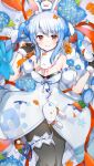  1girl absurdres animal_ear_fluff animal_ears bangs bare_shoulders black_gloves black_leotard blue_flower blue_hair blurry blurry_foreground bow braid breasts carrot_hair_ornament commentary_request depth_of_field detached_sleeves don-chan_(usada_pekora) dress eyebrows_visible_through_hair feet_out_of_frame flower food_themed_hair_ornament fur-trimmed_gloves fur_trim furuki_ayaginutaira gloves grey_legwear grin hair_between_eyes hair_bow hair_ornament hands_up highres hololive leotard long_hair looking_at_viewer medium_breasts multicolored_hair nousagi_(usada_pekora) orange_flower pantyhose petals puffy_short_sleeves puffy_sleeves rabbit_ears red_eyes short_eyebrows short_sleeves smile strapless strapless_dress strapless_leotard thick_eyebrows twin_braids twintails two-tone_hair usada_pekora very_long_hair virtual_youtuber white_bow white_dress white_hair white_sleeves 