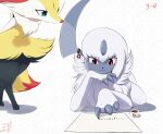  1girl :3 absol absurdres alternate_eye_color animal_nose arms_behind_back artist_name bangs black_fur blue_eyes body_fur braixen claws closed_mouth commentary dated eryz flat_chest fluffy fox_girl fox_tail furry gen_3_pokemon gen_6_pokemon hand_up happy head_rest highres horn_ornament horns ink inkwell leaning_forward looking_at_another looking_down lying mega_stone number on_side open_mouth paper paws pokemon pokemon_(creature) red_eyes short_hair signature simple_background smile snout standing tail white_background white_fur white_hair writing yellow_fur 