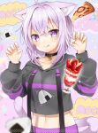  1girl ahoge animal_collar animal_ear_fluff animal_ears bangs black_hoodie blue_hair blurry blurry_foreground blush cat_ears cat_girl cat_tail claw_pose closed_mouth collar collarbone commentary_request crossed_bangs cup eyebrows_visible_through_hair food food_on_face fruit hair_between_eyes hands_up highres hololive hood hoodie ice_cream licking_lips long_sleeves medium_hair messy_hair midriff navel negi-mamire nekomata_okayu onigiri onigiri_print pizza sidelocks smile solo speech_bubble standing strawberry tail tongue tongue_out upper_body violet_eyes virtual_youtuber 