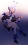  1girl absurdres aeror bangs blue_ribbon boots crossed_legs guitar hair_between_eyes halo highres holding holding_instrument indie_virtual_youtuber instrument music necktie playing_instrument ribbon shirt short_hair sidelocks singing sitting sleeveless solo uten_hiyori virtual_youtuber white_hair white_shirt 