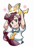  1girl ascot bangs brown_hair chloe_(pokemon) collared_shirt commentary_request eyelashes gen_8_pokemon green_eyes light_blush long_hair mabu_(dorisuto) on_head open_mouth paws pokemon pokemon_(anime) pokemon_(creature) pokemon_on_head pokemon_swsh_(anime) shirt short_sleeves simple_background smile toes tongue white_background white_shirt yamper 