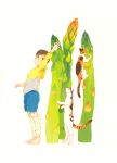  1boy arm_up asparagus barefoot blue_shorts brown_hair cat long_sleeves original otonai_chiaki short_hair shorts simple_background solo standing white_background wide_shot 