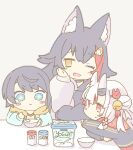  3girls animal_ear_fluff animal_ears bell black_hair blue_eyes blush blush_stickers bowl eating english_text eyebrows_visible_through_hair fang hair_ornament hand_on_own_face highres hololive hood hoodie horns long_hair long_sleeves multiple_girls nakiri_ayame one_eye_closed ookami_mio oozora_subaru open_mouth reaching red_eyes redhead short_hair spoon symbol-shaped_pupils tataki_tuna white_hair wolf_ears yellow_eyes 