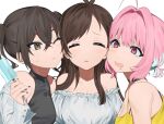  3girls :&lt; ahoge bare_shoulders black_hair black_nails black_shirt blouse blue_hair brown_hair closed_mouth commentary_request food highres idolmaster idolmaster_cinderella_girls mole multicolored_hair multiple_girls open_mouth pink_eyes pink_hair popsicle saliva shirt sunazuka_akira sweat tsujino_akari twintails white_background yami_ga_fukami yellow_shirt yumemi_riamu 