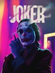  1boy arthur_fleck brown_eyes cigarette clown copyright_name dc_comics formal frown hair_slicked_back highres holding holding_cigarette jin_rou joker_(2019) logo looking_ahead male_focus realistic red_suit smoking solo suit the_joker upper_body 