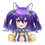  1girl :d animal_ears ascot bare_shoulders breasts colored_inner_hair commentary english_commentary eyebrows_visible_through_hair hair_between_eyes hair_ornament highres klaius looking_at_viewer medium_hair multicolored_hair open_mouth original purple_hair simple_background small_breasts smile solo twintails upper_body violet_eyes white_background yellow_neckwear 