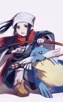  1girl arrow_(projectile) asirpa black_hair blue_eyes bow_(weapon) come_hither commentary_request cosplay earrings eyelashes female_protagonist_(pokemon_legends:_arceus) female_protagonist_(pokemon_legends:_arceus)_(cosplay) gen_3_pokemon golden_kamuy hamachamu highres holding holding_bow_(weapon) holding_weapon hoop_earrings jewelry long_hair looking_at_viewer open_mouth pokemon pokemon_(creature) pokemon_(game) pokemon_legends:_arceus sash sealeo sidelocks socks squatting teeth tongue weapon 