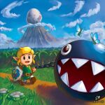  1boy blonde_hair blue_eyes brown_footwear bug butterfly chain chain_chomp clouds day egg english_commentary field flower green_shirt hat holding hylian_shield insect leash likovacs link long_sleeves male_focus mountain open_mouth pointy_ears shield shirt sky smile the_legend_of_zelda the_legend_of_zelda:_link&#039;s_awakening tunic walking watermark web_address 