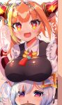  2girls absurdres alternate_costume amane_kanata blush breast_rest breasts breasts_on_head commentary_request cosplay dragon_horns highres hololive horns kiryuu_coco kobayashi-san_chi_no_maidragon long_hair looking_at_viewer maid maid_headdress multiple_girls open_mouth orange_hair parody simple_background tohru_(maidragon) tohru_(maidragon)_(cosplay) translated triangle_mouth virtual_youtuber white_background yukito_(hoshizora) 