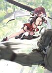  1boy 1girl absurdres ass baffu black_panties blue_eyes breasts commentary_request forest full_body highres hitoyo_(baffu) holding holding_sword holding_weapon large_breasts monster nature original panties red_skirt redhead short_hair sideboob skirt solo_focus sword underwear weapon wide_sleeves 