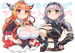  2girls armor bangs blonde_hair blunt_bangs blush bow bracer breastplate breasts cleavage_cutout closed_mouth clothing_cutout eyebrows_visible_through_hair green_eyes hair_bow hairband hands_on_hips highres hololive horns huge_breasts kiryuu_coco long_hair looking_at_viewer multicolored_hair multiple_girls orange_hair pointy_ears red_eyes shirogane_noel short_hair shoulder_armor silver_hair simple_background smile smug tiara two-tone_hair upper_body virtual_youtuber white_background yukito_(hoshizora) 