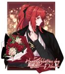  1boy bangs bouquet brill_p character_name closed_mouth collared_shirt diluc_(genshin_impact) english_text eyebrows_visible_through_hair flower genshin_impact hair_between_eyes hair_ribbon happy_valentine highres holding holding_bouquet jacket jacket_on_shoulders light_particles long_hair long_sleeves looking_at_viewer male_focus necktie ponytail red_eyes red_flower redhead ribbon rose shirt simple_background solo watch watch white_flower 