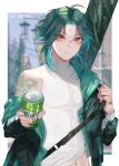  1boy ahoge arm_tattoo bandaged_hand bangs bead_bracelet beads black_hair blurry blurry_background bracelet can collarbone diamond_(shape) eyebrows_visible_through_hair facial_mark forehead_mark genshin_impact green_hair highres holding holding_can jacket jacket_on_shoulders jewelry looking_at_viewer male_focus midriff_peek multicolored_hair navel open_mouth parted_bangs shei99 short_hair_with_long_locks single_bare_shoulder skin_tight solo tagme tattoo two-tone_hair xiao_(genshin_impact) yellow_eyes 