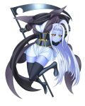  1girl ahoge black_sclera blue_skin blush breasts colored_sclera colored_skin disembodied_head dullahan full_body gauntlets greaves holding_head huge_ahoge lala_(monster_musume) large_breasts long_hair monster_girl monster_musume_no_iru_nichijou official_art okayado scythe simple_background skirt solo thigh-highs thigh_gap very_long_hair white_background white_hair white_skirt yellow_eyes zettai_ryouiki 