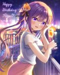  1girl :d bangs bare_arms blurry blurry_background blush bokeh cup depth_of_field drink drinking_glass eyebrows_visible_through_hair flower food from_side fruit gochuumon_wa_usagi_desu_ka? hair_between_eyes hair_flower hair_ornament hairclip happy_birthday highres holding holding_drink long_hair looking_at_viewer looking_to_the_side mozukun43 night open_mouth orange orange_slice outdoors pink_skirt purple_hair railing shirt short_sleeves skirt smile solo tedeza_rize twintails twitter_username violet_eyes water white_shirt 