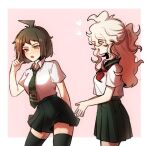  2girls ahoge bangs black_legwear border brown_eyes brown_hair closed_eyes collared_shirt contrapposto crop_top dangan_ronpa_(series) dangan_ronpa_2:_goodbye_despair from_side genderswap genderswap_(mtf) green_neckwear grey_hair happy heart hinata_hajime komaeda_nagito kopaen_(komaeda_p) long_hair multiple_girls neckerchief necktie open_mouth pink_background pleated_skirt ponytail sailor_collar school_uniform shirt short_hair skirt smile symbol_commentary thigh-highs upper_teeth white_border white_shirt zettai_ryouiki 