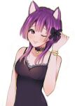  1girl ;) animal_ears bangs bare_arms bare_shoulders bernadetta_von_varley black_bow black_choker blush bow bracelet breasts cat_ears choker chromatic_aberration commentary fire_emblem fire_emblem:_three_houses hair_bow hand_up highres jewelry jxh_soda long_hair looking_at_viewer medium_breasts one_eye_closed purple_hair simple_background smile solo spaghetti_strap upper_body violet_eyes white_background 