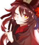  1girl bangs black_coat black_headwear blush breasts brown_hair coat flower genshin_impact grin hat hat_flower highres hu_tao long_hair long_sleeves looking_at_viewer nagikiho one_eye_closed plum_blossoms red_eyes small_breasts smile symbol-shaped_pupils talisman twintails very_long_hair 