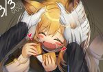  1girl 1other :d ^_^ afterimage ahoge animal_ear_fluff animal_ears arknights baggy_clothes bangs biscuit_(bread) black_coat black_dress blonde_hair blush_stickers ceobe_(arknights) closed_eyes coat commentary_request dated doctor_(arknights) dog_ears dog_tail dress eating eyebrows_visible_through_hair fang food gloves grey_background hair_between_eyes heart holding holding_food infection_monitor_(arknights) jacket long_hair long_sleeves mitake_eil open_mouth petting sidelocks signature simple_background skin_fang smile standing tail upper_body white_gloves 