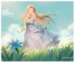  1girl anniversary artist_name azutarou bangle bangs blonde_hair blue_flower blue_sky blurry blurry_foreground blush bracelet breasts closed_eyes clouds cloudy_sky commentary cowboy_shot day dress english_text flower gold grass jewelry long_hair looking_at_viewer necklace open_mouth outdoors parted_bangs pointy_ears princess_zelda silent_princess skirt_hold sky small_breasts smile solo standing straight_hair strapless strapless_dress sunlight the_legend_of_zelda the_legend_of_zelda:_breath_of_the_wild thick_eyebrows twitter_username white_dress wind 