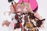  2girls angelina_(arknights) animal_ears arknights belt belt_buckle brown_hair buckle ceobe_(arknights) choker dog_ears dog_girl fox_ears gloves highres holding holding_weapon kanose long_hair looking_at_viewer multiple_girls red_eyes shorts skirt staff twintails very_long_hair weapon 