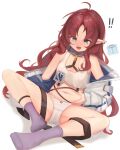 !! 1girl :d absurdres arknights ass blush brown_hair earrings green_eyes highres jacket jewelry long_hair looking_at_viewer myrtle_(arknights) navel open_mouth panties purple_legwear shirt_lift sitting smile socks solo stomach sweat tears thigh_strap timitarcat underwear very_long_hair weight_conscious white_panties 