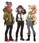  1girl 2boys baseball_cap black_footwear black_hair black_pants boots closed_mouth coat collarbone commentary_request dark_skin dark_skinned_male eyelashes green_coat green_eyes green_shirt hat highres jacket korean_commentary leon_(pokemon) long_hair long_sleeves looking_at_viewer multiple_boys neckerchief open_clothes open_coat orange_hair pants pokemon pokemon_(anime) pokemon_swsh_(anime) raihan_(pokemon) redlhzz ribbed_shirt shirt shoes smile sonia_(pokemon) standing undercut younger zipper_pull_tab 