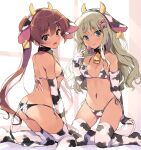  2girls :d alternate_costume animal_costume animal_ears animal_print aqua_eyes ass ass_visible_through_thighs bangs bell bikini blonde_hair blush brown_eyes brown_hair candy closed_mouth collar commentary_request cow_ears cow_print cowbell cowboy_shot dark_skin dark-skinned_female elbow_gloves eyebrows_visible_through_hair fake_animal_ears fake_horns flat_chest food gloves grecale_(kancolle) hair_between_eyes hairband holding horns kantai_collection kneeling libeccio_(kancolle) lollipop long_hair looking_at_viewer multiple_girls navel neck_bell odawara_hakone open_mouth print_legwear side-tie_bikini simple_background smile string_bikini swimsuit thigh-highs tongue tongue_out twintails twitter_username wavy_hair white_background white_bikini white_gloves white_legwear 