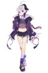  1girl bandaged_leg bandages bangs belt bike_shorts boots character_name crop_top eyebrows_visible_through_hair flat_chest flower_(vocaloid) full_body fur-trimmed_jacket fur_trim gynoid_talk hair_between_eyes hand_on_hip head_tilt headphones headphones_around_neck highres hood hooded_jacket jacket leg_warmers looking_at_viewer midriff mismatched_legwear miwasiba multicolored_hair nail_polish navel official_art platform_boots purple_hair purple_nails purple_shirt purple_shorts see-through_shirt shirt shorts sidelocks solo streaked_hair striped striped_legwear toeless_footwear torn_clothes torn_shirt transparent_background two-tone_hair v_flower_(gynoid_talk) v_flower_(vocaloid4) violet_eyes vocaloid white_hair 