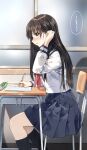  1girl :d black_hair black_legwear blue_sailor_collar blue_skirt blush brown_eyes chair desk feet_out_of_frame from_side hair_behind_ear hair_tucking highres holding holding_pencil indoors long_hair long_sleeves looking_at_viewer looking_to_the_side on_chair open_mouth original pencil pencil_case pentagon_(railgun_ky1206) pleated_skirt profile red_neckwear sailor_collar school_chair school_desk school_uniform serafuku shirt sitting skirt smile socks solo translation_request very_long_hair white_shirt 