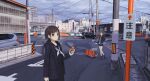  05tai_mono 2girls absurdres black_serafuku brown_hair car cityscape day ground_vehicle hand_in_pocket hand_truck highres jacket looking_at_viewer motor_vehicle multiple_girls orange_eyes original outdoors road_sign scenery school_uniform serafuku short_hair sign walkie-talkie 