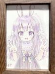  1girl :d animal_ears bangs blush bow chitosezaka_suzu commentary_request double_w dress eyebrows_visible_through_hair hair_between_eyes hair_bow heart highres long_hair looking_at_viewer open_mouth original photo_(medium) purple_dress purple_hair rabbit_ears smile solo traditional_media translation_request twintails upper_body very_long_hair violet_eyes w white_bow 