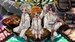  1girl 2boys arm_up azzz_(7334080) black_hair book brown_footwear button_eyes chain collared_shirt commentary_request emma_(yakusoku_no_neverland) flower grey_hair hand_up highres identity_v looking_at_viewer multiple_boys norman_(yakusoku_no_neverland) open_book orange_hair pants ray_(yakusoku_no_neverland) shirt shoes short_hair sitting skirt white_pants white_shirt white_skirt wide_shot yakusoku_no_neverland yellow_flower 