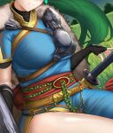  1girl armor breasts dutch_angle earrings elbow_gloves field fire_emblem gloves grass green_hair head_out_of_frame head_tilt ippers jewelry large_breasts long_hair lyn_(fire_emblem) ponytail shoulder_armor side_slit smile solo sword thighs tree very_long_hair weapon 