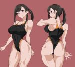  1girl ass back bangs black_hair blush breasts clenched_hands covered_navel covered_nipples en&#039;en_no_shouboutai looking_at_viewer maki_oze one-piece_swimsuit pink_background ponytail simple_background swimsuit violet_eyes webslinger 